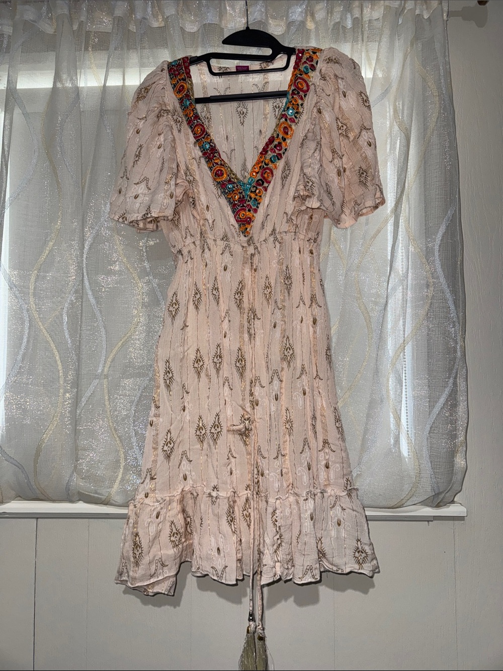 Embroidered V-Neck Mini Dress in Blush Pink
